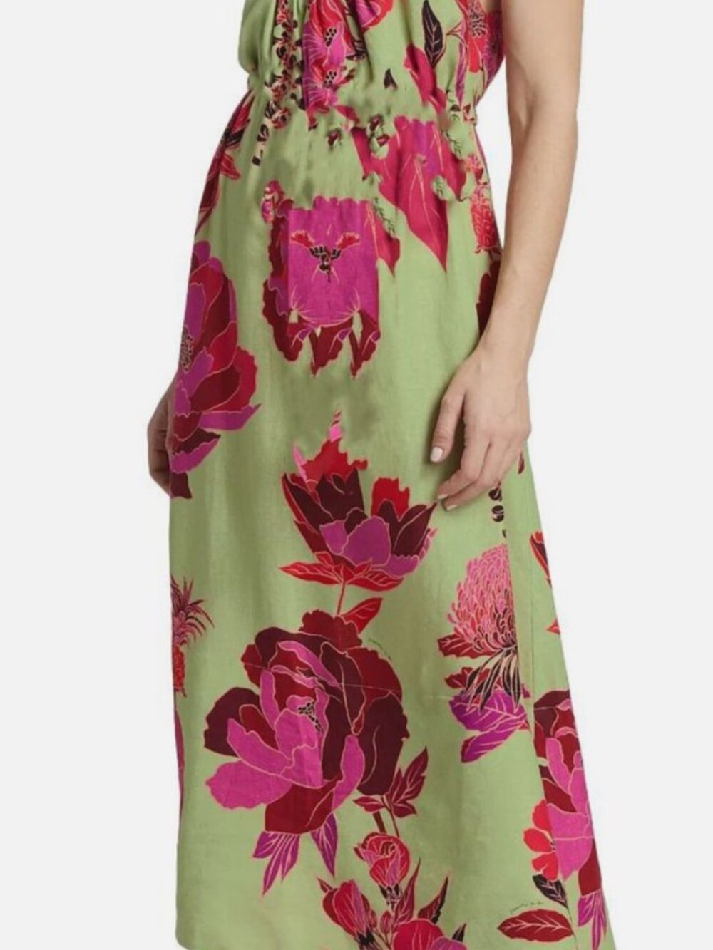 Farm Rio Women's Green Fresh Linen Garden One-Shoulder Sun Midi Dress Size S